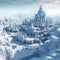 Icy frozen city, ancient buildings with towers covered with snow and ice, fantastic landscape,