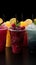 Icy fruit slushies stand united in plastic cups, forming a chilly lineup