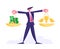 Idea Bring Money Concept. Cheerful Businessman Holding Gold Weights with Stack of Coins and Banknotes