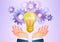 Idea concept, businessman hands holding glowing and elevating light bulb over purple gears background.
