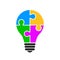 Idea concept, creative bulb sign, innovations. Lightbulb made of colourful puzzle pieces - vector