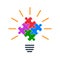 Idea concept, creative bulb sign, innovations. Lightbulb made of colourful puzzle pieces - vector