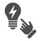 Idea concept solid icon. Light bulb and hand vector illustration isolated on white. Solution glyph style design