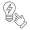 Idea concept thin line icon. Light bulb and hand vector illustration isolated on white. Solution outline style design