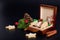 Idea DIY Do it yourself new year and Christmas gift concept butter sugar cookies with royal icing decoration in wood box