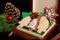 Idea DIY Do it yourself new year and Christmas gift concept butter sugar cookies with royal icing decoration in wood box