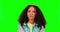 Idea, doubt and green screen with a black woman thinking while looking uncertain about a choice or decision. Portrait