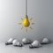 Idea hanging bulb standing out from the crowd the dim unlit white bulbs on white background