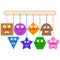 The idea of hanging toys for newborns and baby in the crib. Funny cute geometric shapes hanging on the ropes. Vector drawing.
