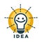 Idea lamp or light bulb with smile face vecor icon