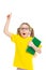 Idea. Points a finger up. Cheerful young child girl with glasses holding a book to study isolated on a white background.