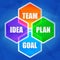 Idea, team, plan, goal in hexagons, flat design