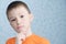 Idea thinking adorable boy portrait closeup, solving problem concept