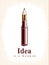 Idea is a weapon concept, weapon of a designer or artist allegory shown as a firearm cartridge case with pencil instead of bullet