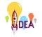Idea word with rocket instead of letter I, creativity and brainstorm concept, vector conceptual creative logo or poster made with