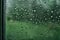 Ideal background of raindrops on the window, with a green backdrop, perfect for representing rainy days. Generative AI