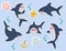 Ideal for stickers, pins or patches. Funny sharks catoon characters with fish, seaplant, bubbles in vector.