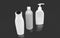 Ideal for your toiletries. Plastic bottles pink background. Multicolor toiletry bottles. HDPE