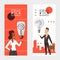 Ideas for business, vector illustration. Vertical banners set, man and woman holding light bulb as symbol of idea