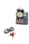 Ideas of Cars Loans and Credits. Composition of Scale Car and Keys against Calculator on Background.
