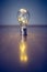 Ideas and innovation: Light bulb with LEDs is lying on the wooden floor. Copy space