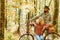 Ideas for perfect autumn date. Romantic date with bicycle. Bearded man and woman relaxing in autumn forest. Romantic