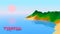 Idillic 3D sea shore landscape or a beach with green mountains and pink sun over the calm bay