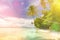 Idillyc background of tropical beach - calm ocean, palm trees, blue sky