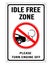 Idle free zone turn engine off sign vector. Car with exhaust under red round prohibition sign. Isolated on white background