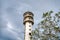 an idle lighthouse tower in the overgrown landscape.