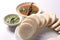 Idli with Sambar in bowl on white background, Indian Dish