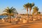 Idylic beach with palms and sun umbrelas, Red Sea, Egypt