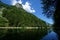 Idylic scenery: Beautiful moutain lake between green hills with many trees