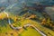 Idyllic aerial drone shot of autumn countryside hills