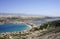 Idyllic aerial view on blue and turquoise bay and old town Pag on the Island of Pag in Dalmatia, Croatia