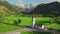 Idyllic Alpine landscape with a church in Zgornje Jezersko, Slovenia