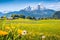 Idyllic alpine landscape with green meadows, farmhouses and snowcapped mountain tops