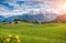 Idyllic alpine landscape with green meadows, farmhouses and snowcapped mountain tops