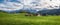 Idyllic alpine landscape with green meadows, farmhouses and snowcapped mountain tops