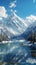 Idyllic alpine landscape Lake surrounded by snow capped peaks and forest