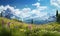 Idyllic alpine meadow filled with colorful wildflowers, with towering mountains as a backdrop. Created by AI tools