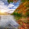 Idyllic autumn scene in Grundlsee lake in Alps mountains, Austria