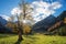 Idyllic autumnal karwendel valley with maple trees and last sun rays. ahornboden landscape tirol, austria