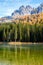 Idyllic autumnal landscape at Lake Misurina, Auronzo di Cadore, Veneto, Italy.