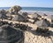 Idyllic beach near Albufeira with bast parasols