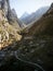 Idyllic cabin mountain hut along valley hiking trail path route Senda del Cares in Picos de Europa Leon Asturias Spain