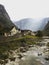 Idyllic charming town rock stone houses village Bignasco Maggia and Bavona river in Vallemaggia Ticino Switzerland alps