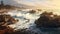 Idyllic coastline waves breaking, rocks, sunset, surf, cliffs, beauty generated by AI