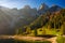 Idyllic colorful autumn scenery with Donnerkogel mountain range and Gosausee mountain lake, Upper Austria