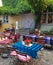 Idyllic colourful trendy cafe tables in Masters Courtyard, tourist attraction in Tallinn, Estonia